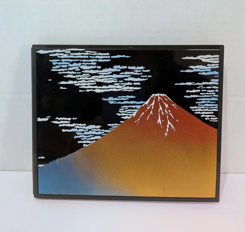 Vintage Japanese Lacquer Double Photo Frame Hokusai Red Fuji Mount Fuji 6x5"